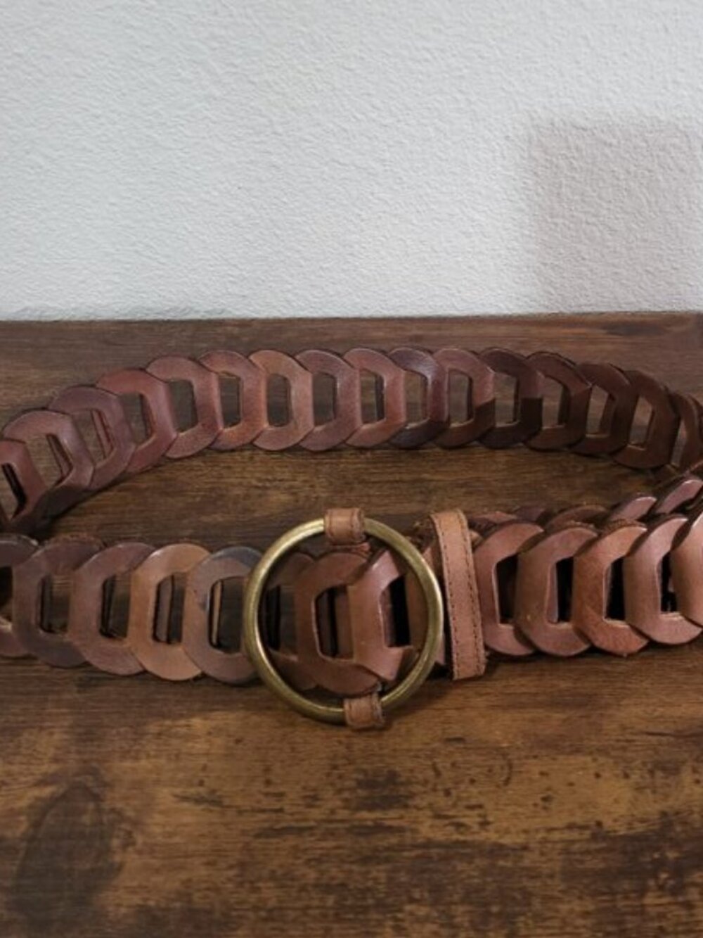 Brown Leather Link Belt Brass O-Ring Buckle Boho Women's Small